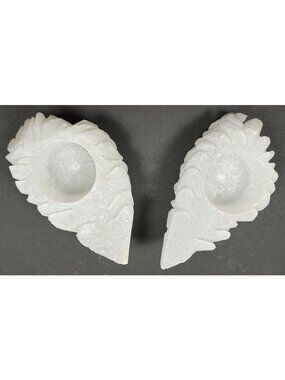 Carved Selenite Leaf Shaped Tea Light Candle Holders Set 2 White Crystal Accent